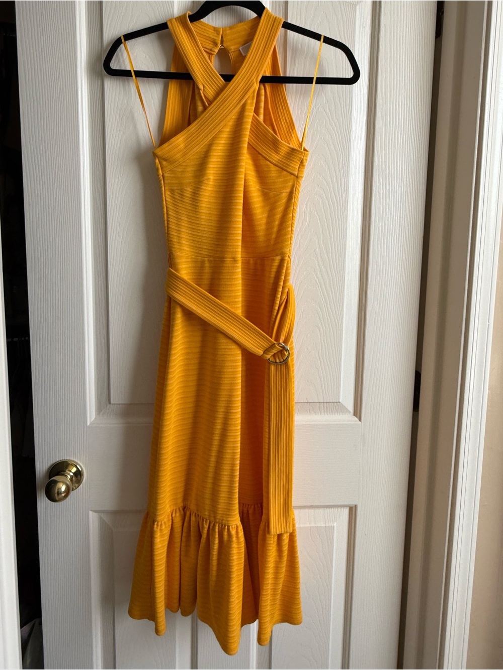 Michael Kors Mustard Yellow Cross-Front Midi Dress with Belt